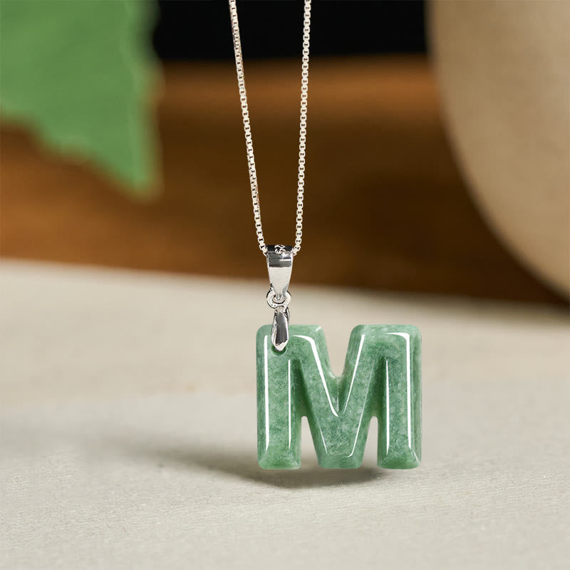 EverestArtstudios Natural A-Z Letter Jade 925 Sterling Silver Silm Chain Prosperity Necklace Pendant