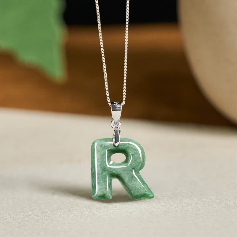 EverestArtstudios Natural A-Z Letter Jade 925 Sterling Silver Silm Chain Prosperity Necklace Pendant