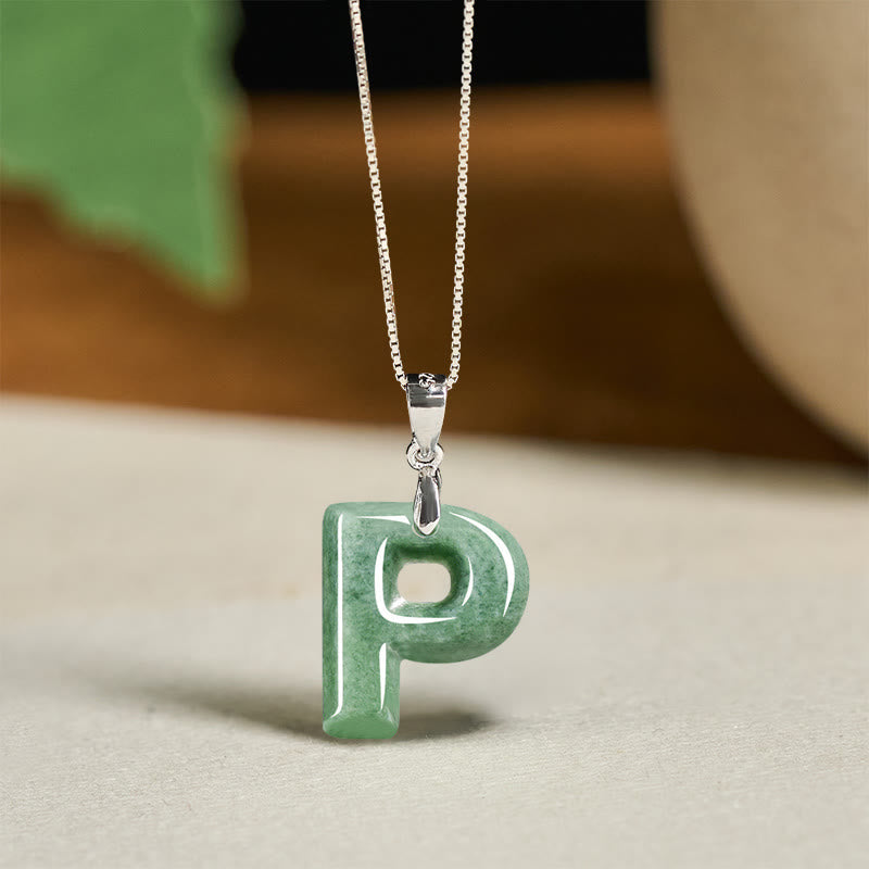 EverestArtstudios Natural A-Z Letter Jade 925 Sterling Silver Silm Chain Prosperity Necklace Pendant