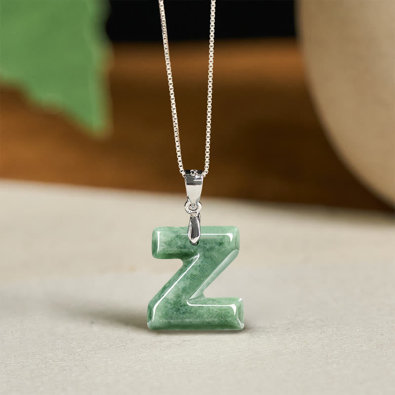 EverestArtstudios Natural A-Z Letter Jade 925 Sterling Silver Silm Chain Prosperity Necklace Pendant
