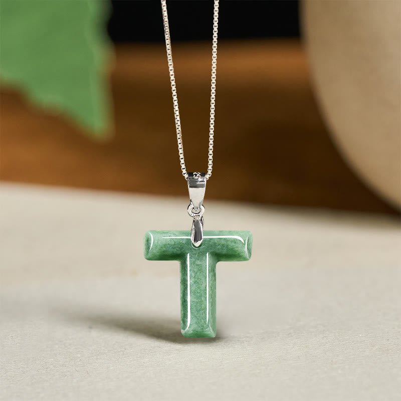 EverestArtstudios Natural A-Z Letter Jade 925 Sterling Silver Silm Chain Prosperity Necklace Pendant