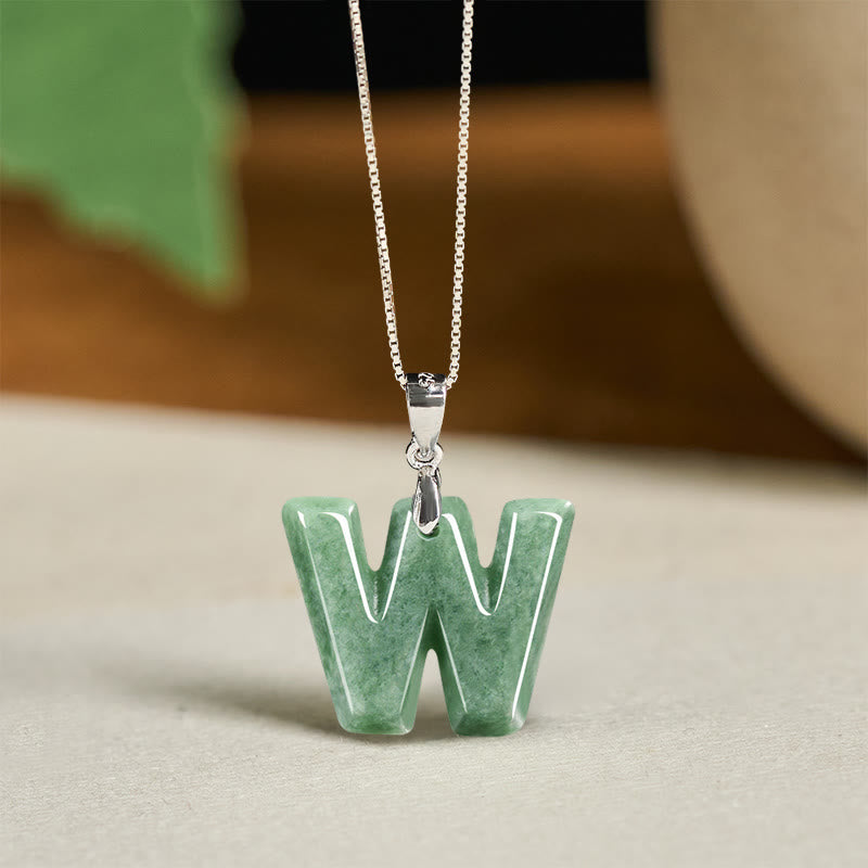 EverestArtstudios Natural A-Z Letter Jade 925 Sterling Silver Silm Chain Prosperity Necklace Pendant