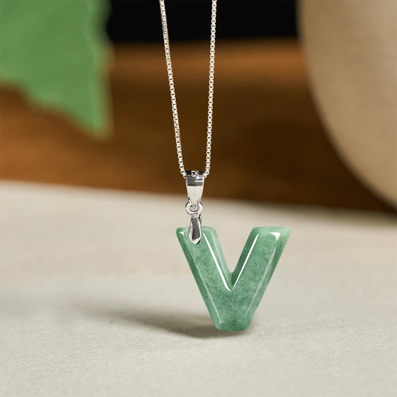 EverestArtstudios Natural A-Z Letter Jade 925 Sterling Silver Silm Chain Prosperity Necklace Pendant