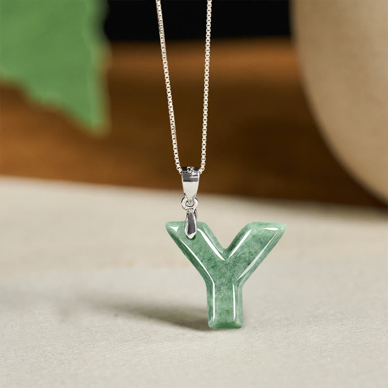 EverestArtstudios Natural A-Z Letter Jade 925 Sterling Silver Silm Chain Prosperity Necklace Pendant