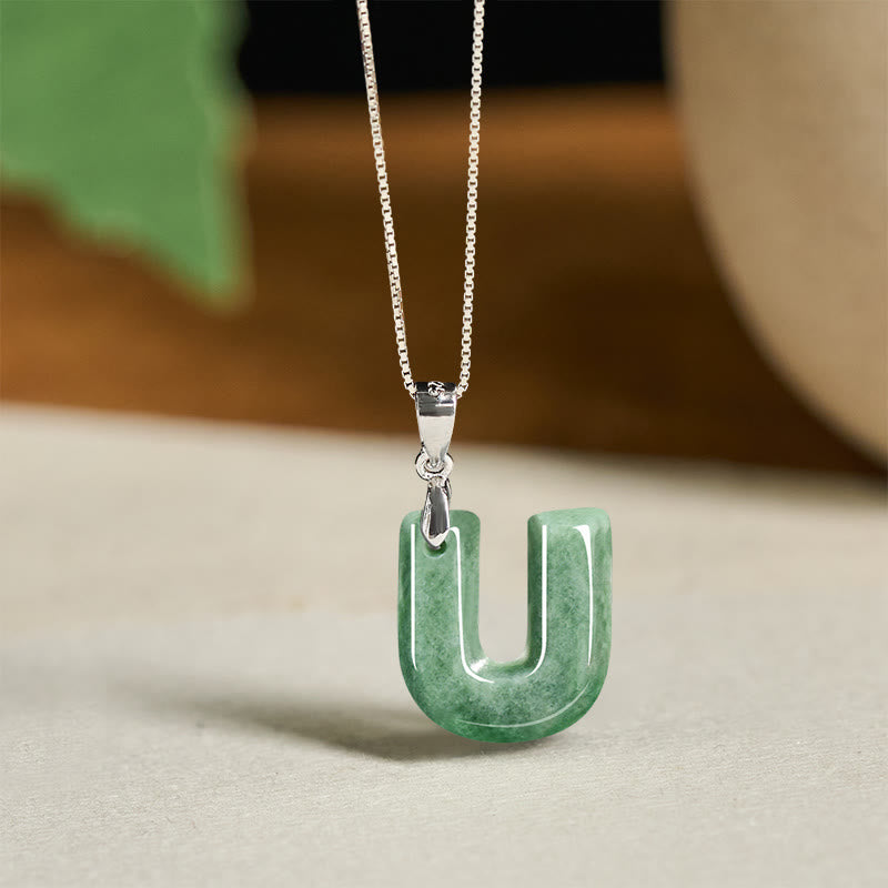 EverestArtstudios Natural A-Z Letter Jade 925 Sterling Silver Silm Chain Prosperity Necklace Pendant