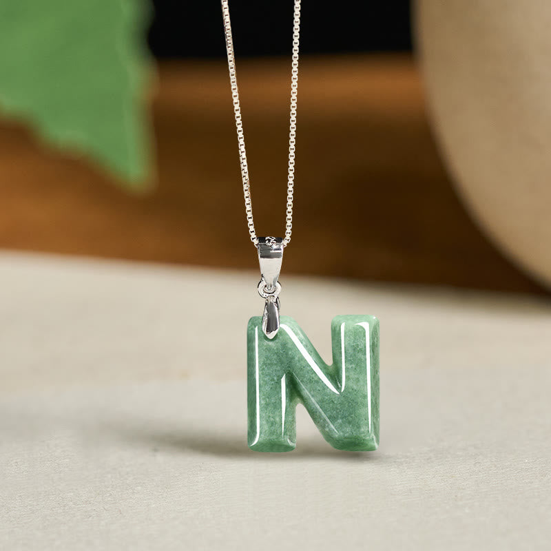 EverestArtstudios Natural A-Z Letter Jade 925 Sterling Silver Silm Chain Prosperity Necklace Pendant
