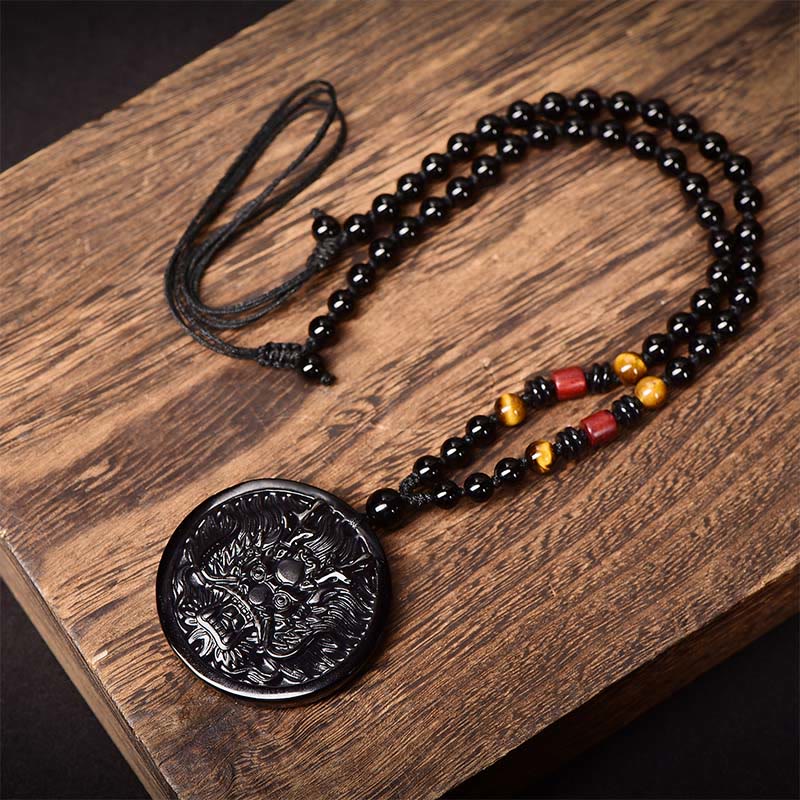Buddha Stones Dragon Black Obsidian Transformation Fulfilment Necklace Pendant