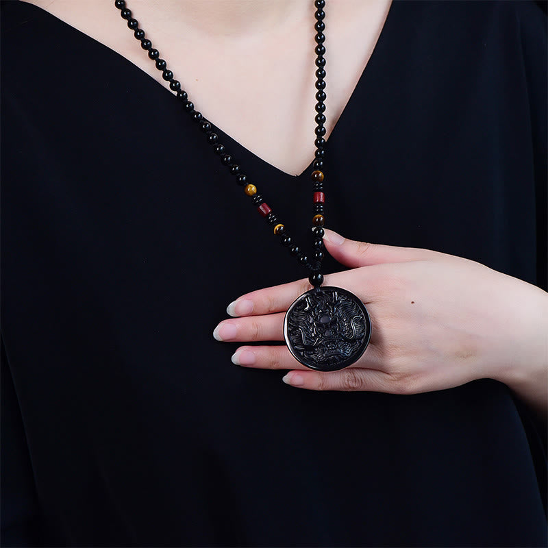 Buddha Stones Dragon Black Obsidian Transformation Fulfilment Necklace Pendant