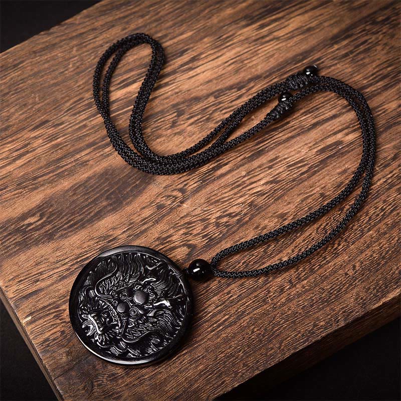 Buddha Stones Dragon Black Obsidian Transformation Fulfilment Necklace Pendant