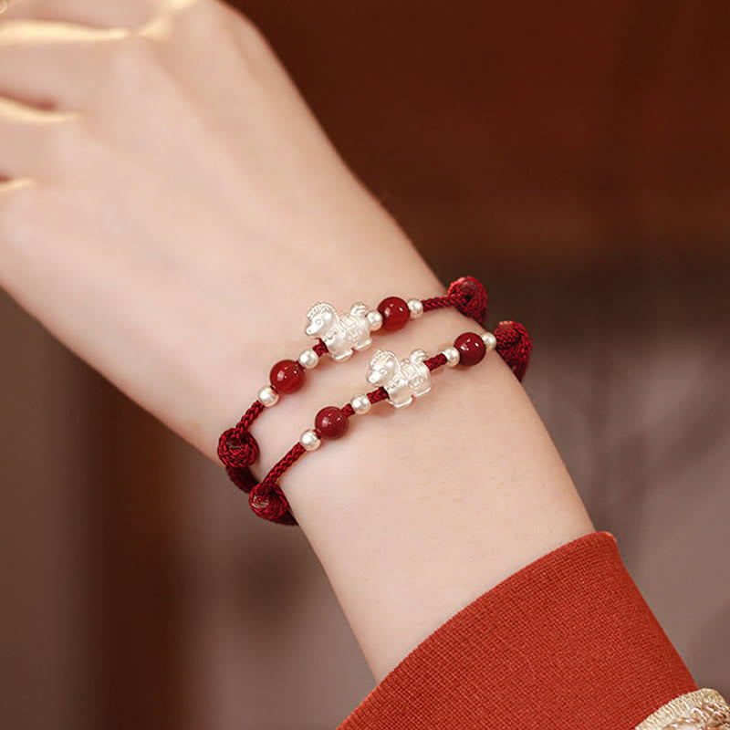 Buddha Stones 999 Sterling Silver Red Agate Year Of The Horse Prosperity String Bracelet