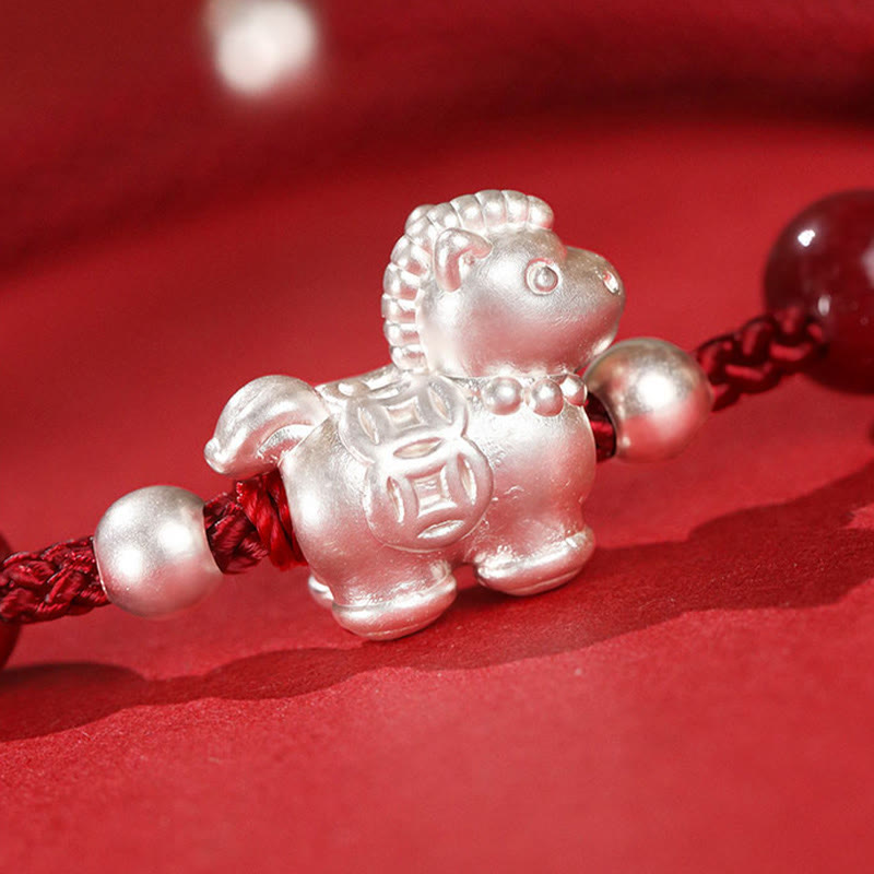 Buddha Stones 999 Sterling Silver Red Agate Year Of The Horse Prosperity String Bracelet