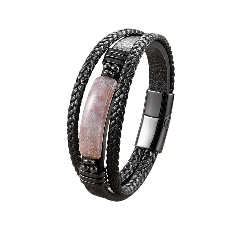 Buddha Stones Hematite Lazurite Lapis Lazuli Black Glitter Stone Pink Crystal Titanium Steel Leather Strengthen Bracelet