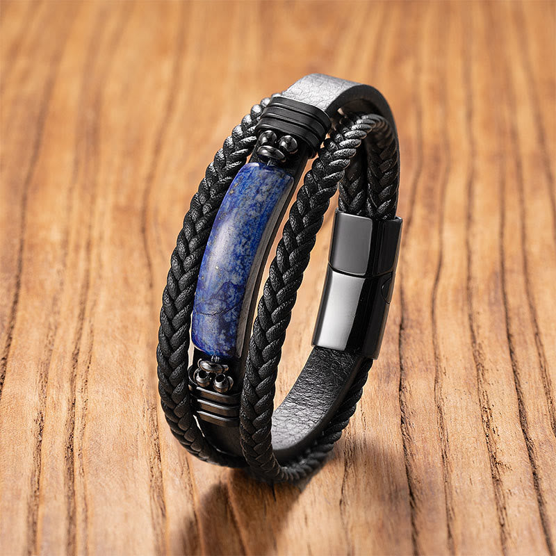 Buddha Stones Hematite Lazurite Lapis Lazuli Black Glitter Stone Pink Crystal Titanium Steel Leather Strengthen Bracelet