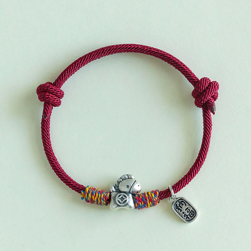 Buddha Stones 999 Sterling Silver Year Of The Horse Fu Character Attract Fortune String Rope Luck Bracelet