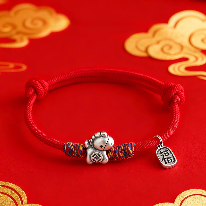EverestArtstudios 999 Sterling Silver Year Of The Horse Fu Character Attract Fortune String Rope Luck Bracelet