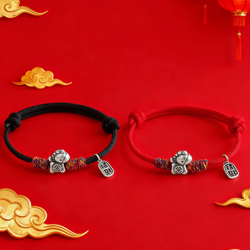 Buddha Stones 999 Sterling Silver Year Of The Horse Fu Character Attract Fortune String Rope Luck Bracelet