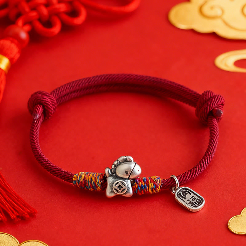EverestArtstudios 999 Sterling Silver Year Of The Horse Fu Character Attract Fortune String Rope Luck Bracelet