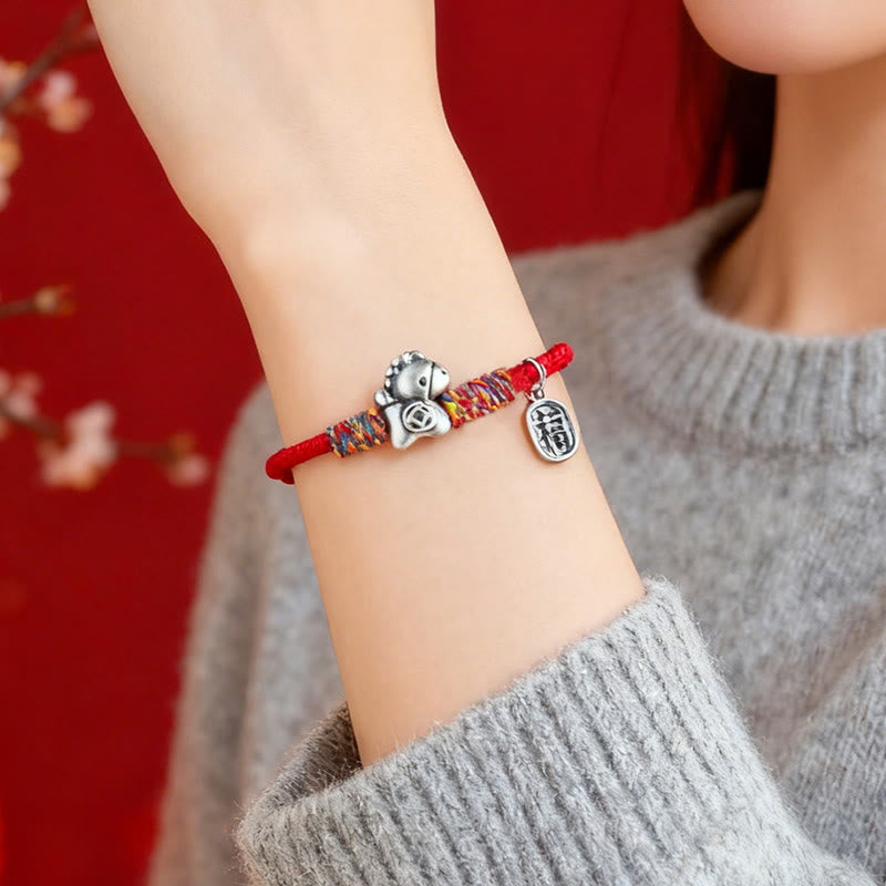 EverestArtstudios 999 Sterling Silver Year Of The Horse Fu Character Attract Fortune String Rope Luck Bracelet