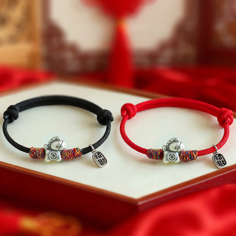 EverestArtstudios 999 Sterling Silver Year Of The Horse Fu Character Attract Fortune String Rope Luck Bracelet