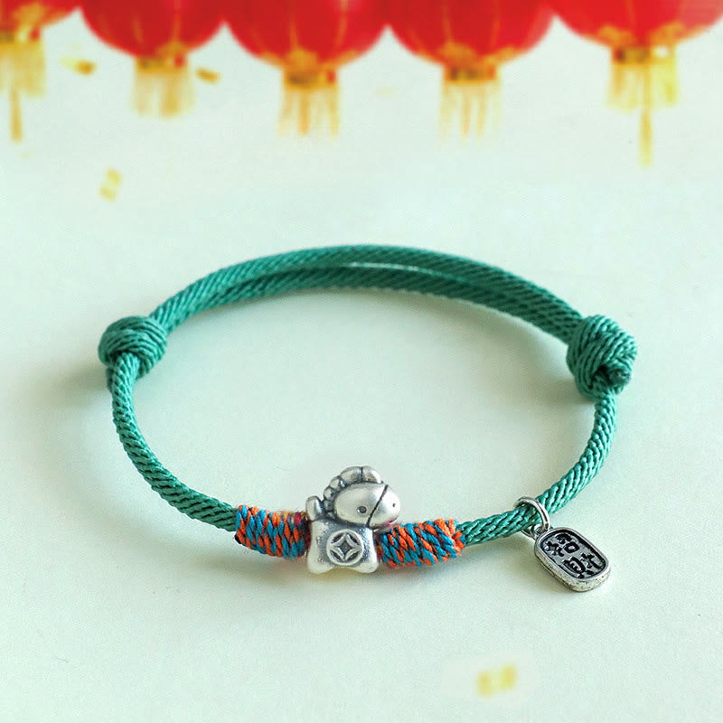 EverestArtstudios 999 Sterling Silver Year Of The Horse Fu Character Attract Fortune String Rope Luck Bracelet