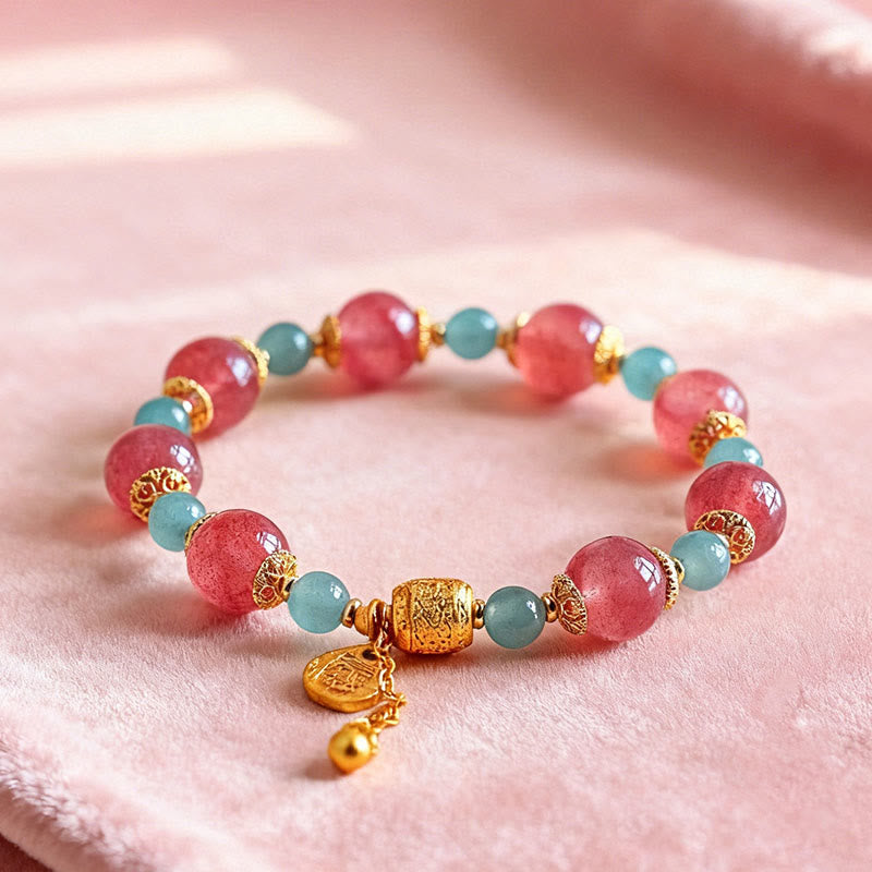 Buddha Stones Natural Strawberry Quartz Moonstone Healing Positive Beads Bracelet