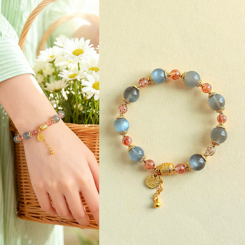 Buddha Stones Natural Strawberry Quartz Moonstone Healing Positive Beads Bracelet