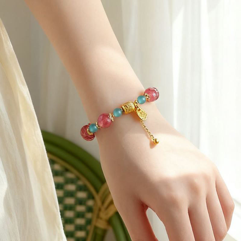 Buddha Stones Natural Strawberry Quartz Moonstone Healing Positive Beads Bracelet