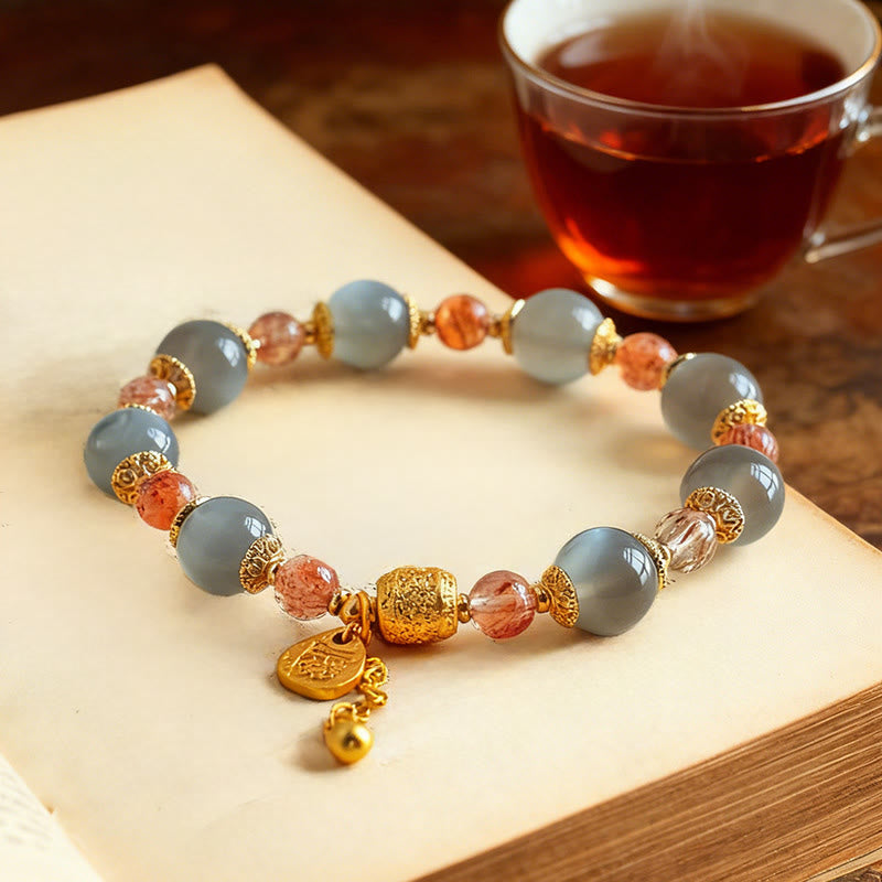 Buddha Stones Natural Strawberry Quartz Moonstone Healing Positive Beads Bracelet
