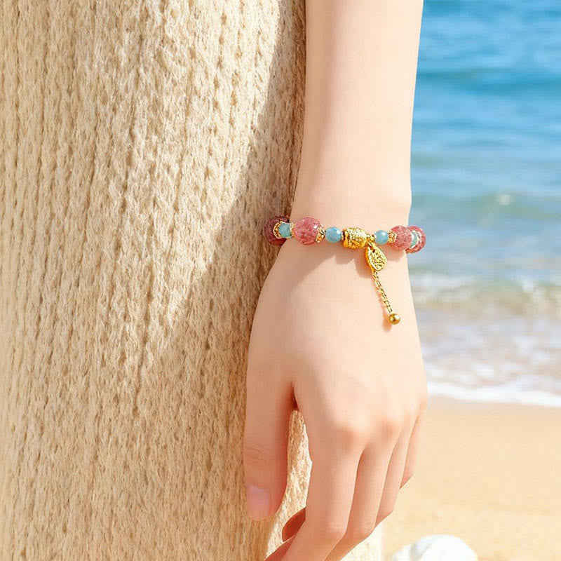 Buddha Stones Natural Strawberry Quartz Moonstone Healing Positive Beads Bracelet
