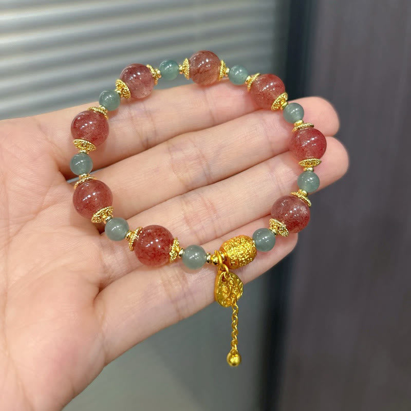Buddha Stones Natural Strawberry Quartz Moonstone Healing Positive Beads Bracelet