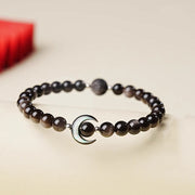 Buddha Stones Moon Design Natural Silver Sheen Obsidian Protection Beaded Bracelet