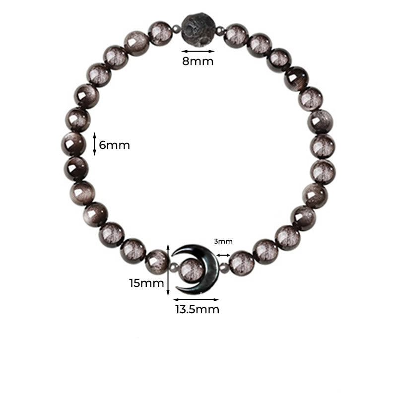Buddha Stones Moon Design Natural Silver Sheen Obsidian Protection Beaded Bracelet