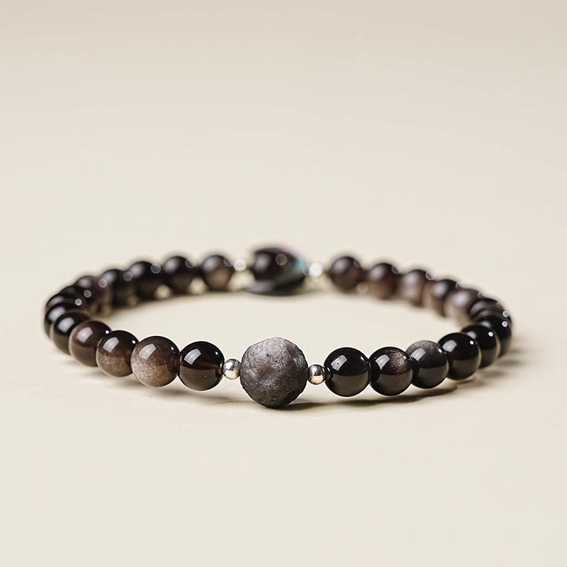 Buddha Stones Moon Design Natural Silver Sheen Obsidian Protection Beaded Bracelet
