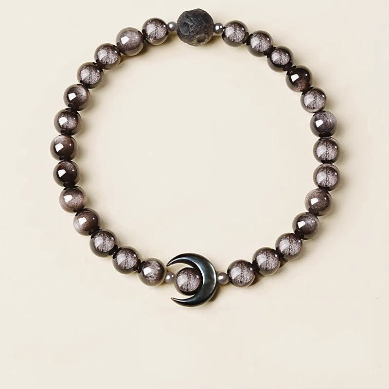 Buddha Stones Moon Design Natural Silver Sheen Obsidian Protection Beaded Bracelet