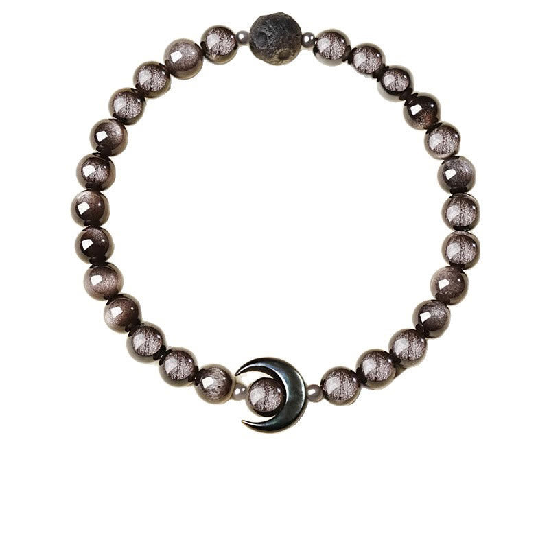 Buddha Stones Moon Design Natural Silver Sheen Obsidian Protection Beaded Bracelet
