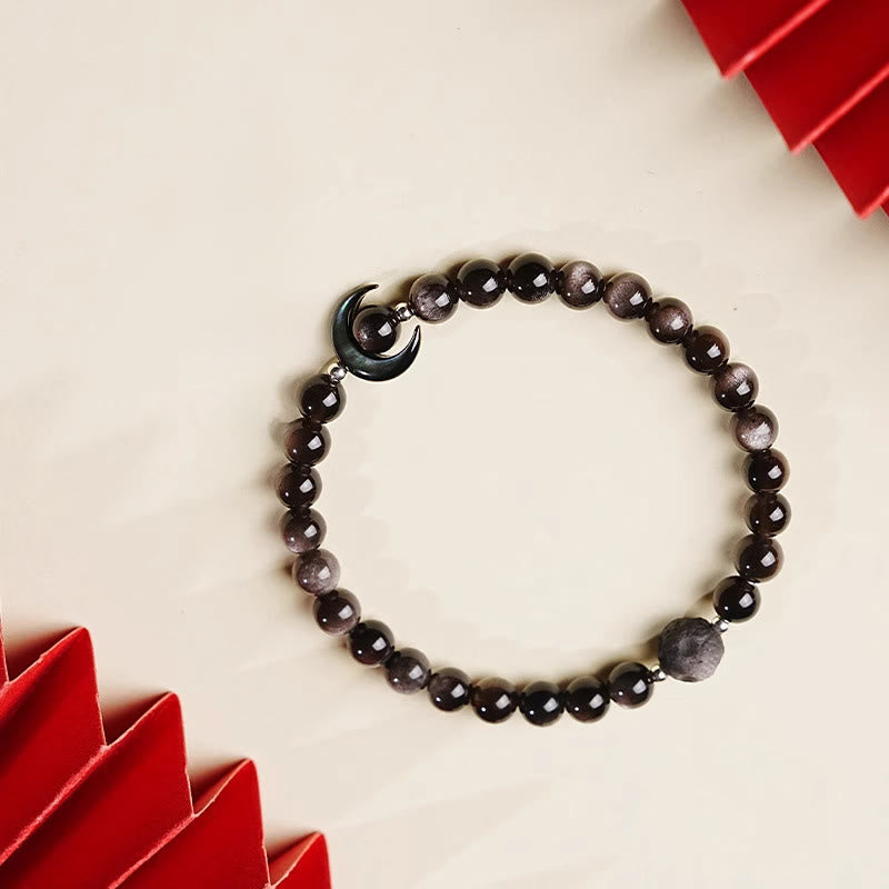 Buddha Stones Moon Design Natural Silver Sheen Obsidian Protection Beaded Bracelet