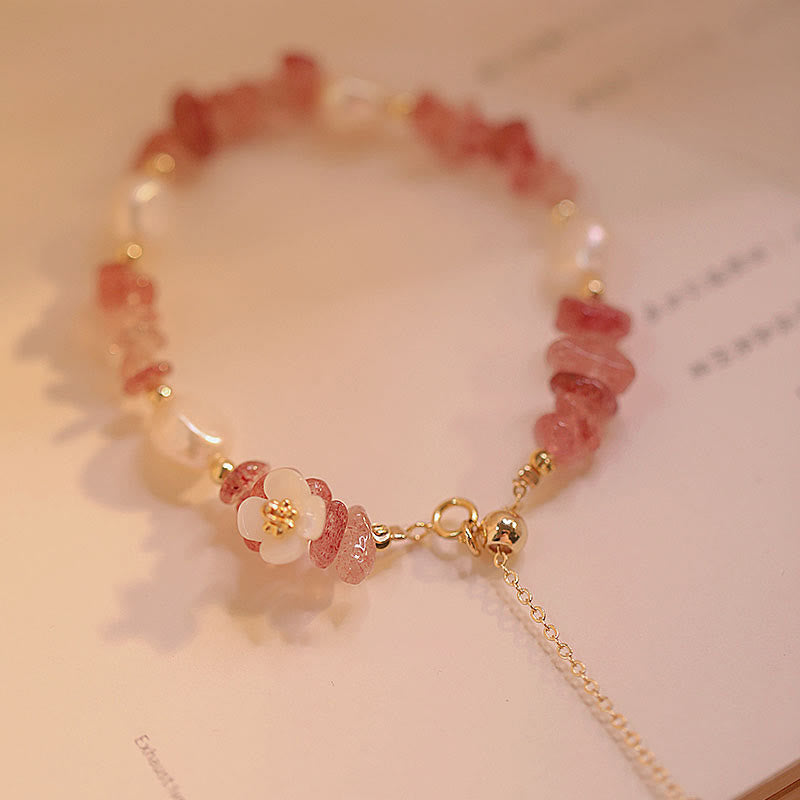 Buddha Stones White Flower Pearl Natural Irregular Strawberry Quartz Healing Chain Bracelet