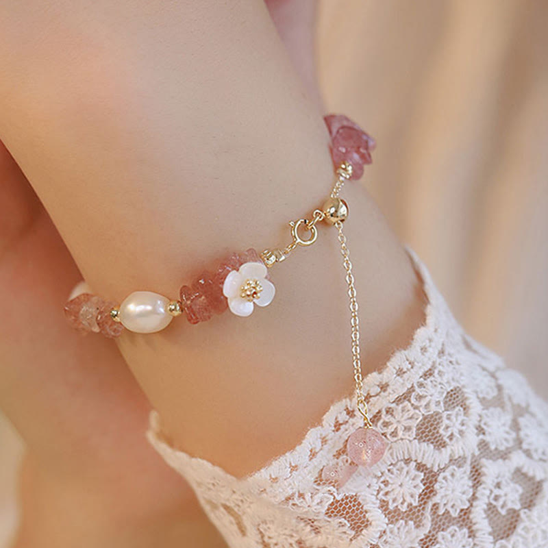 Buddha Stones White Flower Pearl Natural Irregular Strawberry Quartz Healing Chain Bracelet