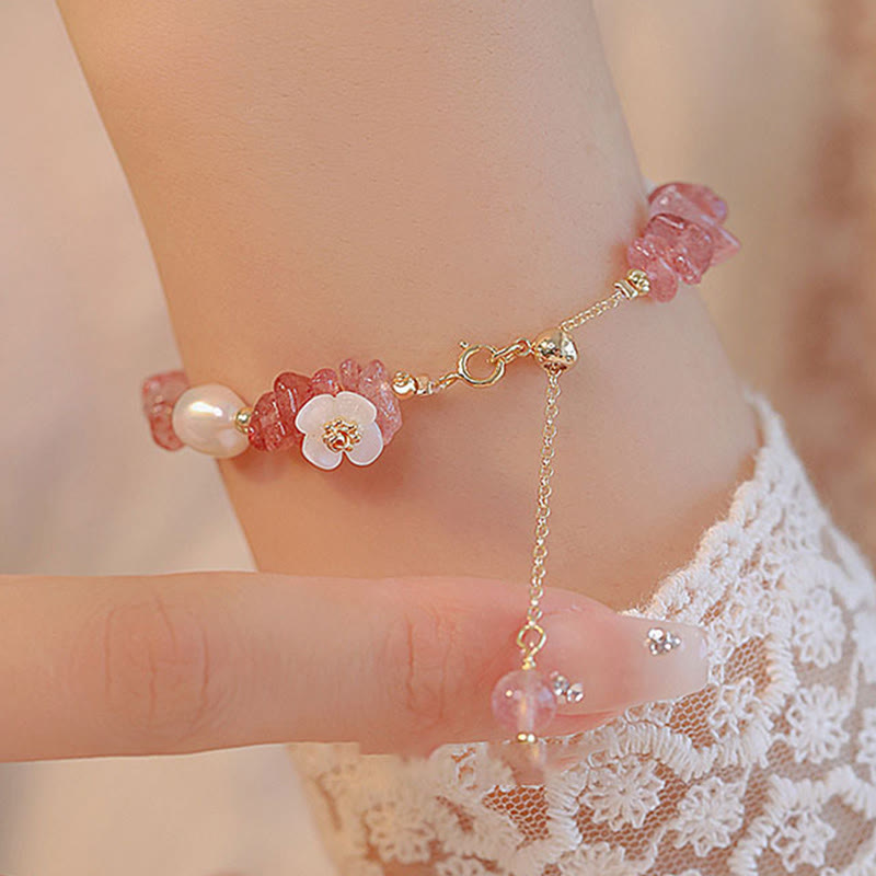 Buddha Stones White Flower Pearl Natural Irregular Strawberry Quartz Healing Chain Bracelet