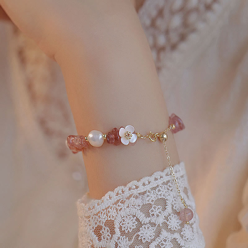 Buddha Stones White Flower Pearl Natural Irregular Strawberry Quartz Healing Chain Bracelet