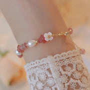 Buddha Stones White Flower Pearl Natural Irregular Strawberry Quartz Healing Chain Bracelet
