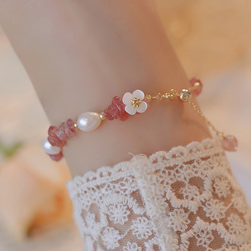 Buddha Stones White Flower Pearl Natural Irregular Strawberry Quartz Healing Chain Bracelet