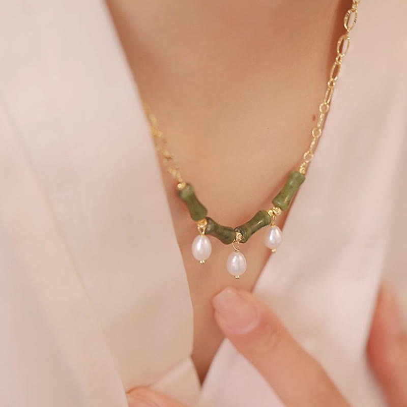 EverestArtstudios Tianshan Jade Bamboo Pearl Abundance Wealth Necklace Pendant