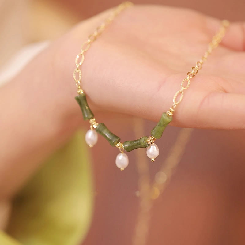 EverestArtstudios Tianshan Jade Bamboo Pearl Abundance Wealth Necklace Pendant