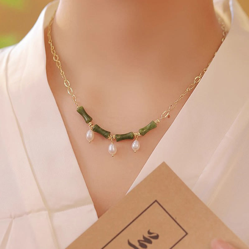 EverestArtstudios Tianshan Jade Bamboo Pearl Abundance Wealth Necklace Pendant