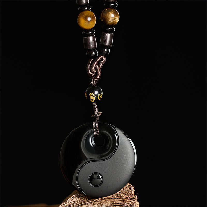 Buddha Stones Yin Yang Symbol Om Mani Padme Hum Black Obsidian Strength Necklace Pendant