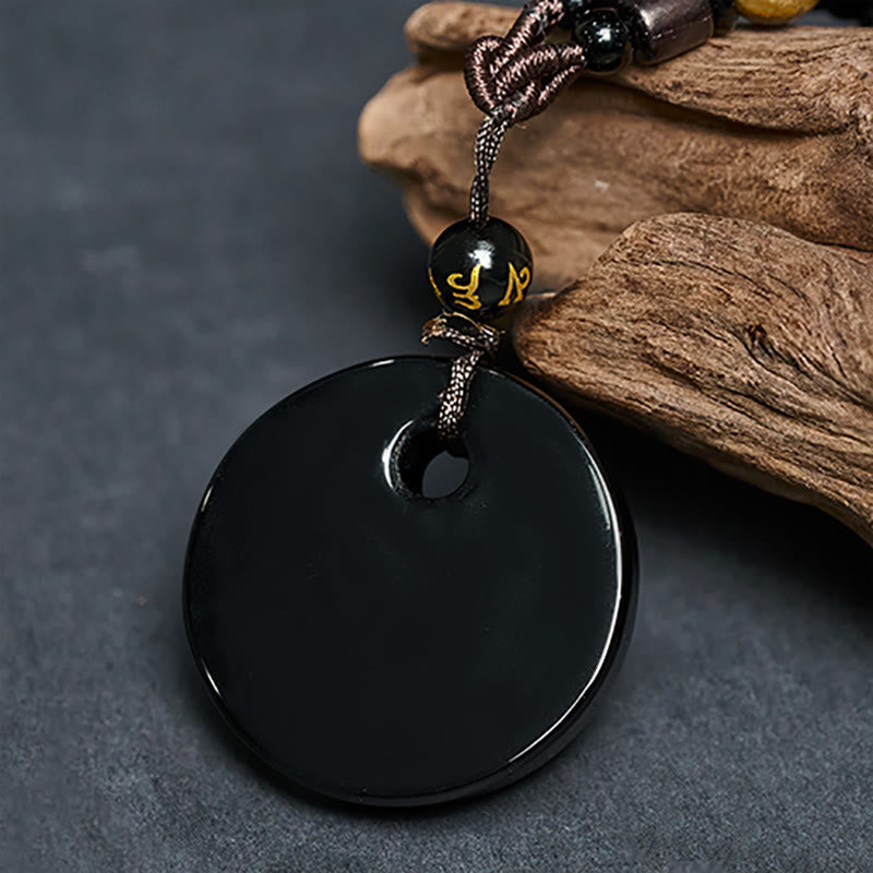 Buddha Stones Yin Yang Symbol Om Mani Padme Hum Black Obsidian Strength Necklace Pendant
