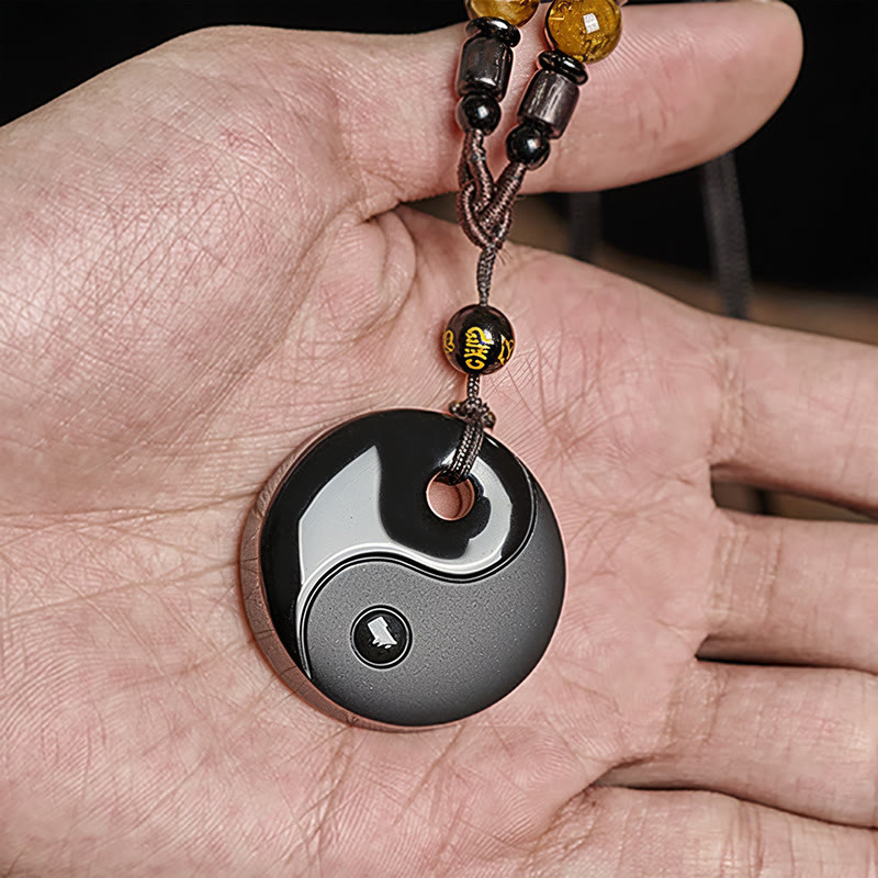 Buddha Stones Yin Yang Symbol Om Mani Padme Hum Black Obsidian Strength Necklace Pendant