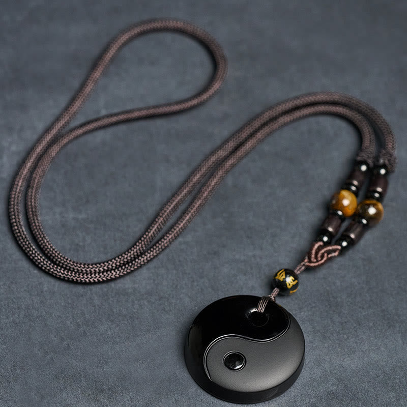 Buddha Stones Yin Yang Symbol Om Mani Padme Hum Black Obsidian Strength Necklace Pendant