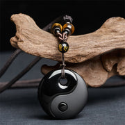 Buddha Stones Yin Yang Symbol Om Mani Padme Hum Black Obsidian Strength Necklace Pendant